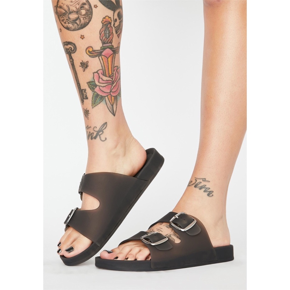 Black Jelly Slides Double Buckle Sandals